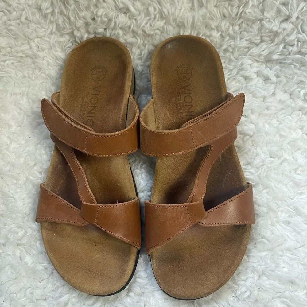 Vionic  Pamplona leather Tan  straps Ortho heel slide sandals  SZ8.5 - Picture 8 of 10
